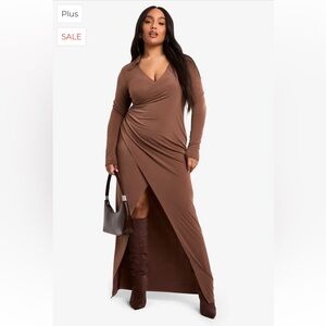 Boohoo Brown Long Sleeve Collared V Neck Ruched Waist Split Maxi Dress Sz 16